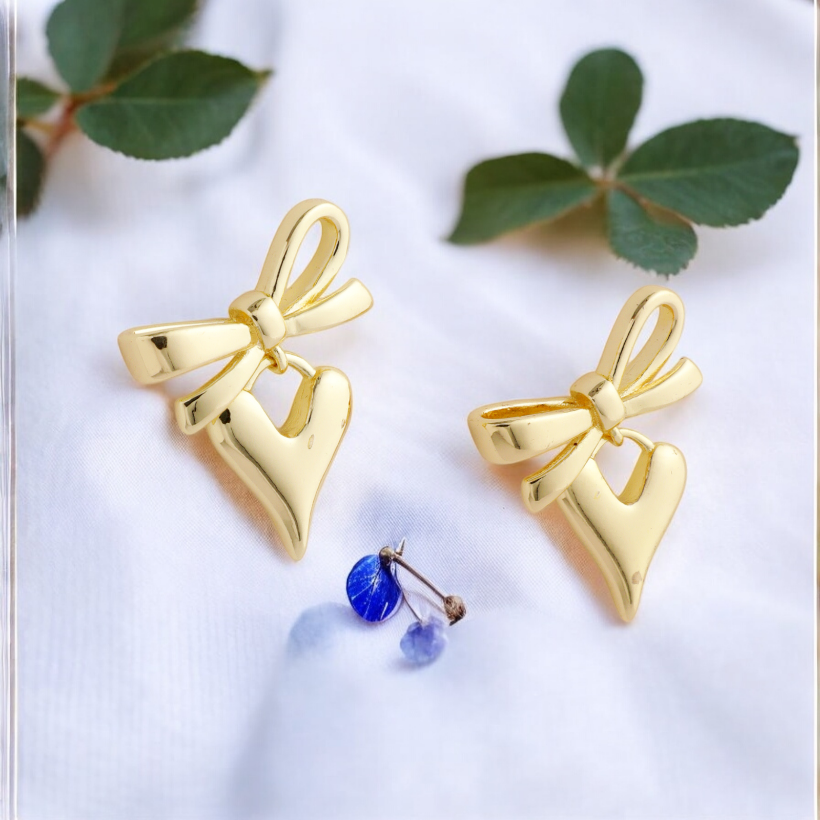 Quirky Golden Bow and Heart Earrings - Image 3