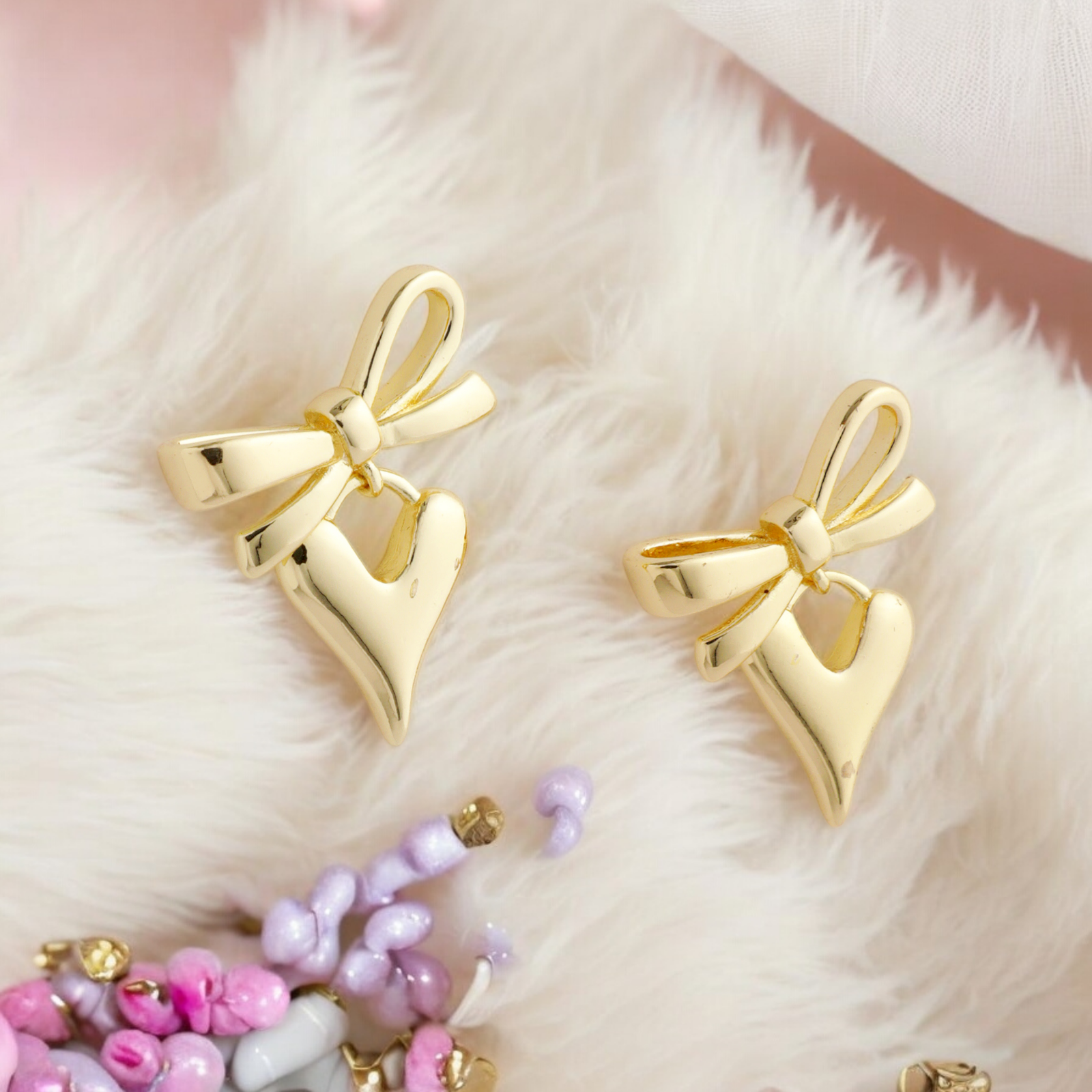 Quirky Golden Bow and Heart Earrings - Image 4