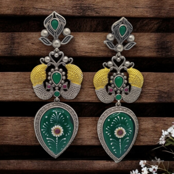 Oxidized Silver Peacock Enamel Earrings