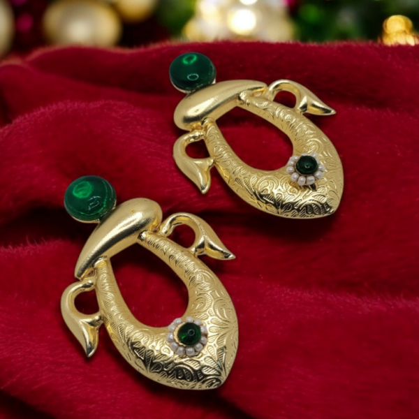 Gold-Toned Floral Earrings with Green Stones