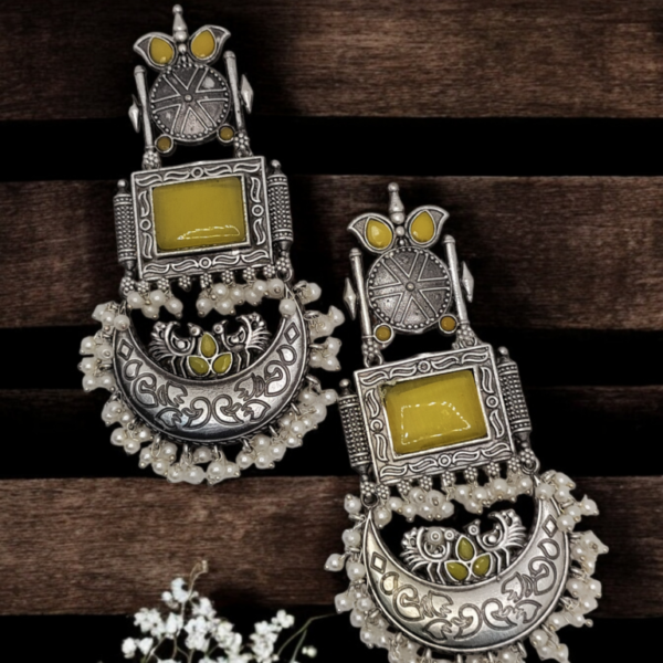 Oxidized Yellow Monalisa Stone Chandbali Pattern Statement Earrings