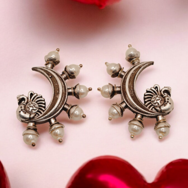 Unique Artisan Crafted Crescent Moon & Pearl Earrings