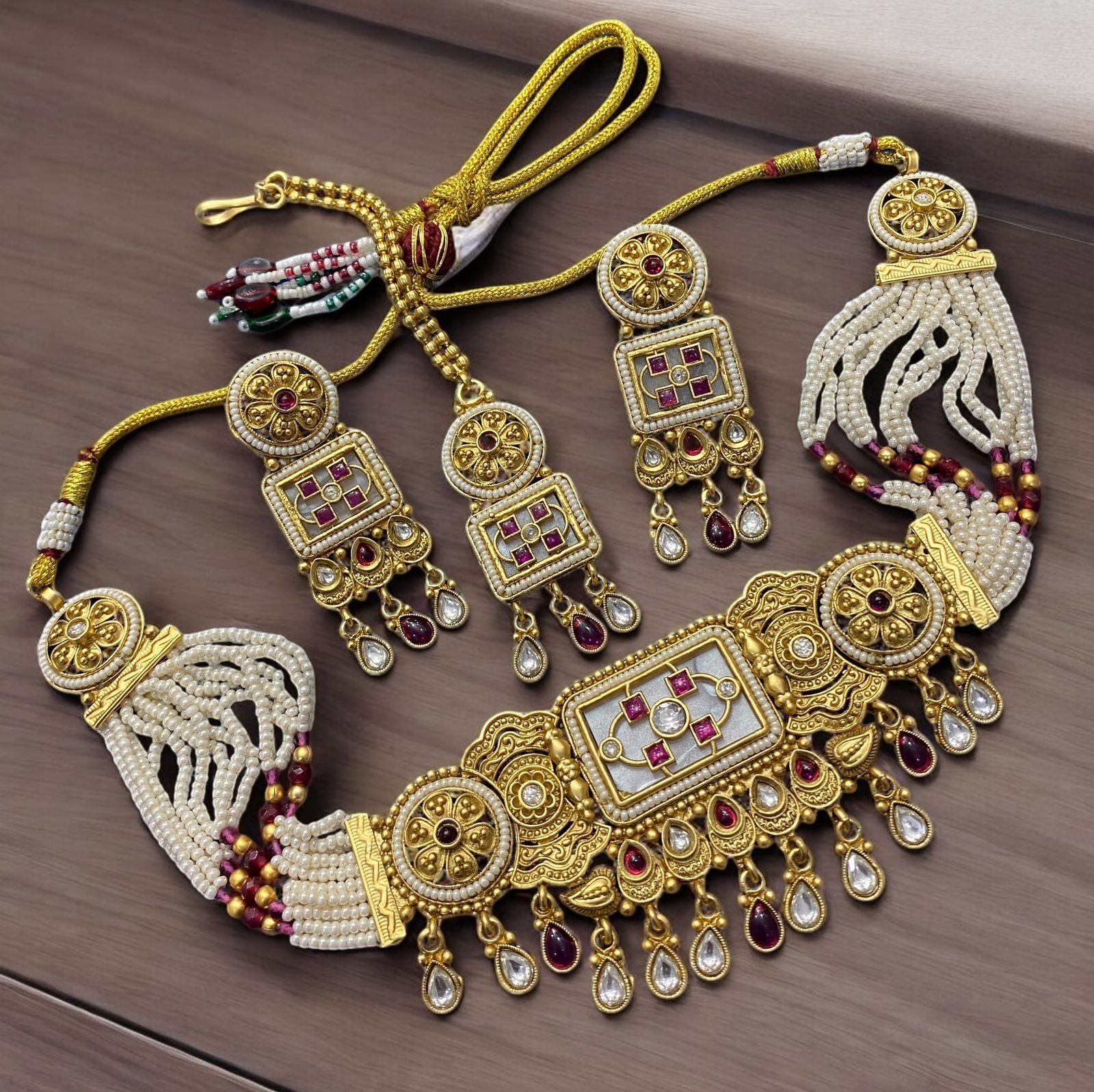 Regal Antique Gold-Plated Necklace Set with Pearl & Ruby Accents